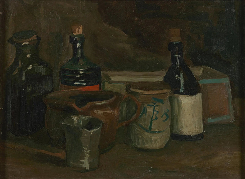 Stilleven met flessen en aardewerk - Vincent van Gogh