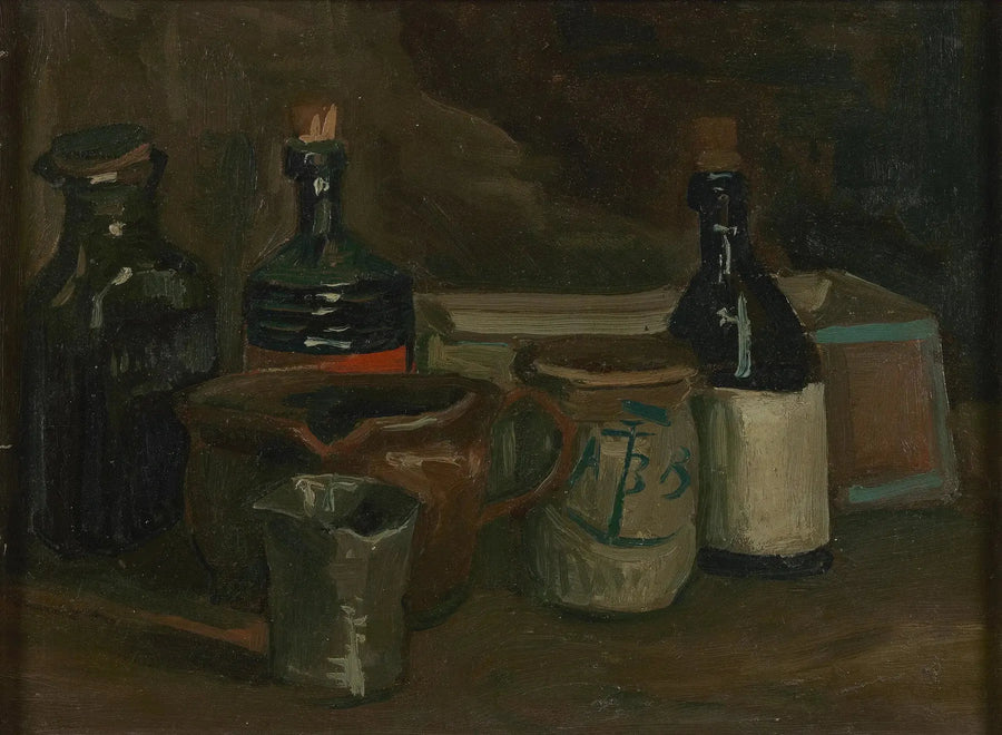 Stilleven met flessen en aardewerk - Vincent van Gogh