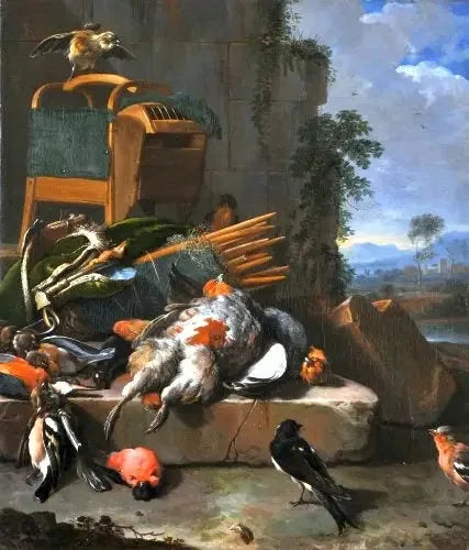 Stilleven met vogels (Jachtmateriaal). - Melchior de Hondecoeter