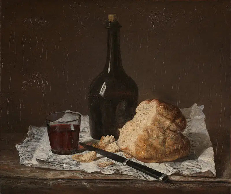 Stilleven met fles, glas en brood - Jean Simeón Chardin