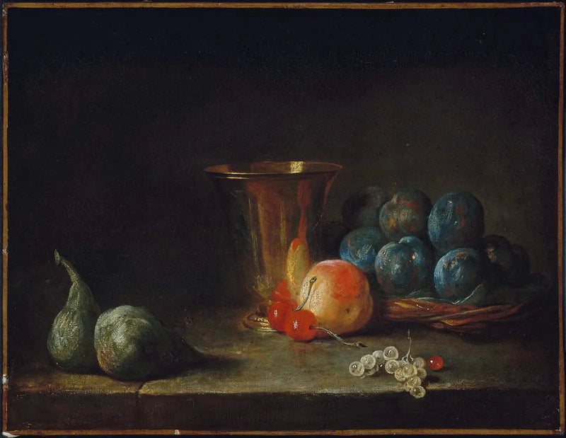 Stilleven met karaf, argentinen beker en fruit - Jean Simeón Chardin