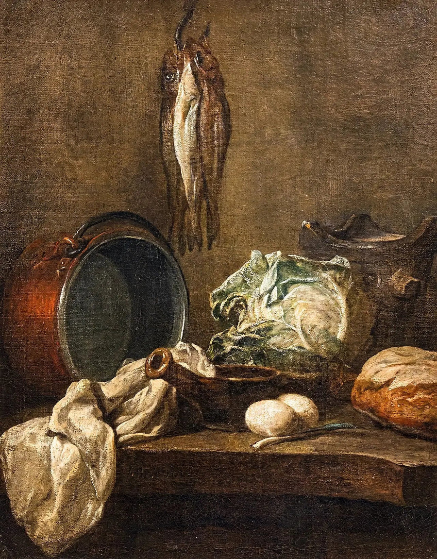 Stilleven met ketel, pan, fornuis, theedoek, kool, twee eieren, prei, brood en drie haringen - Jean Simeón Chardin