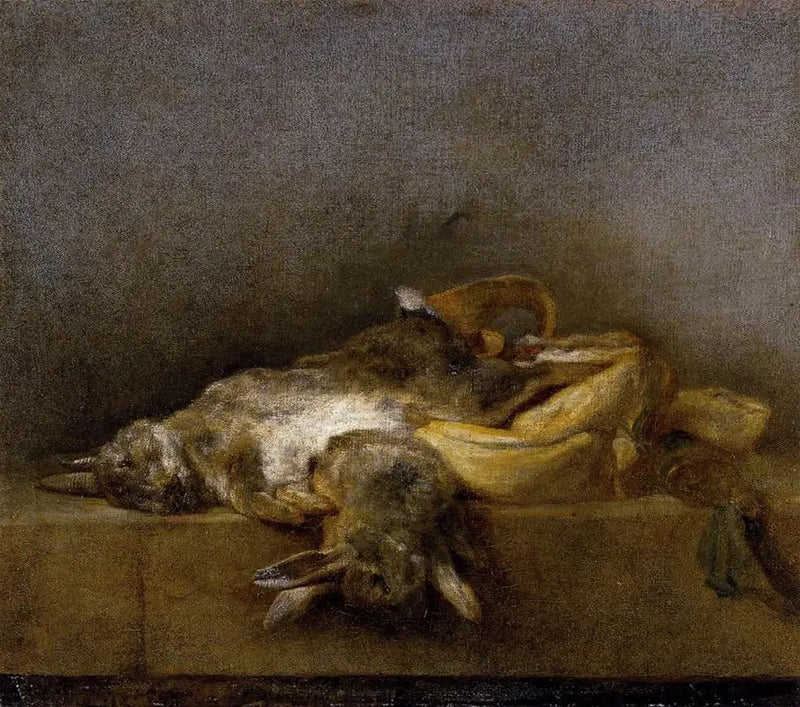 Stilleven met twee konijnen, een jachtzak en een poederpeer - Jean Siméon Chardin