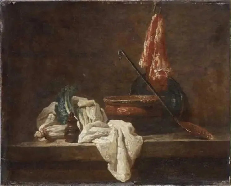 Stilleven met twee stengels selderij, kruidenpotje, theedoek, terrine, schaal, schuimspaan en stuk vlees - Jean Siméon Chardin