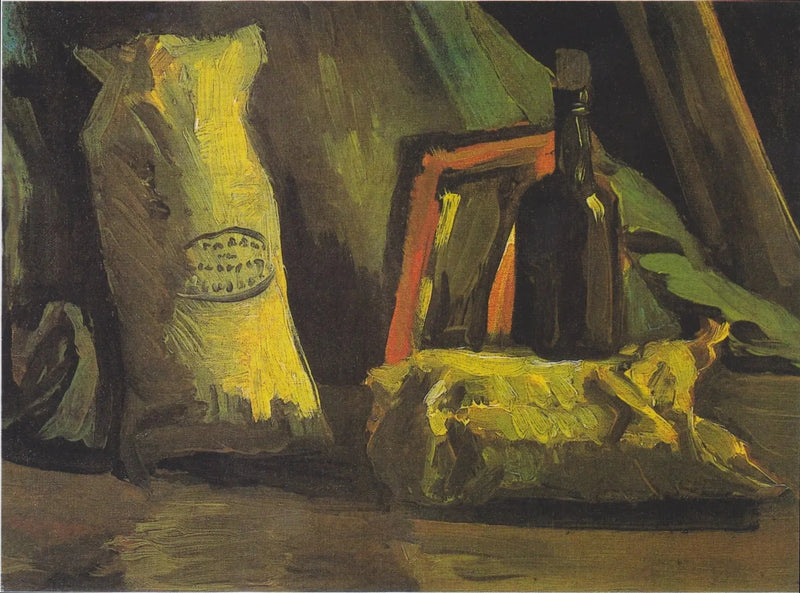 Stilleven met twee zakken en een fles - Vincent van Gogh