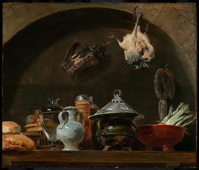 Stilleven met diverse potten, brood, een lamp en gevogelte met veren in een nis - Peter Paul Rubens
