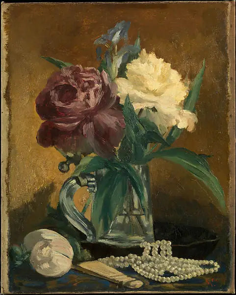 Stilleven met bloemen, waaier en parels - Édouard Manet