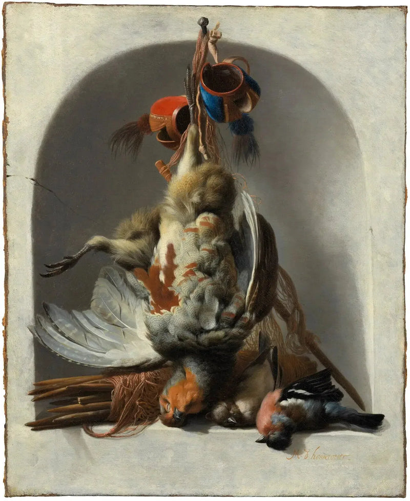 Stilleven met vogels en jachtmateriaal in een nis - Melchior de Hondecoeter
