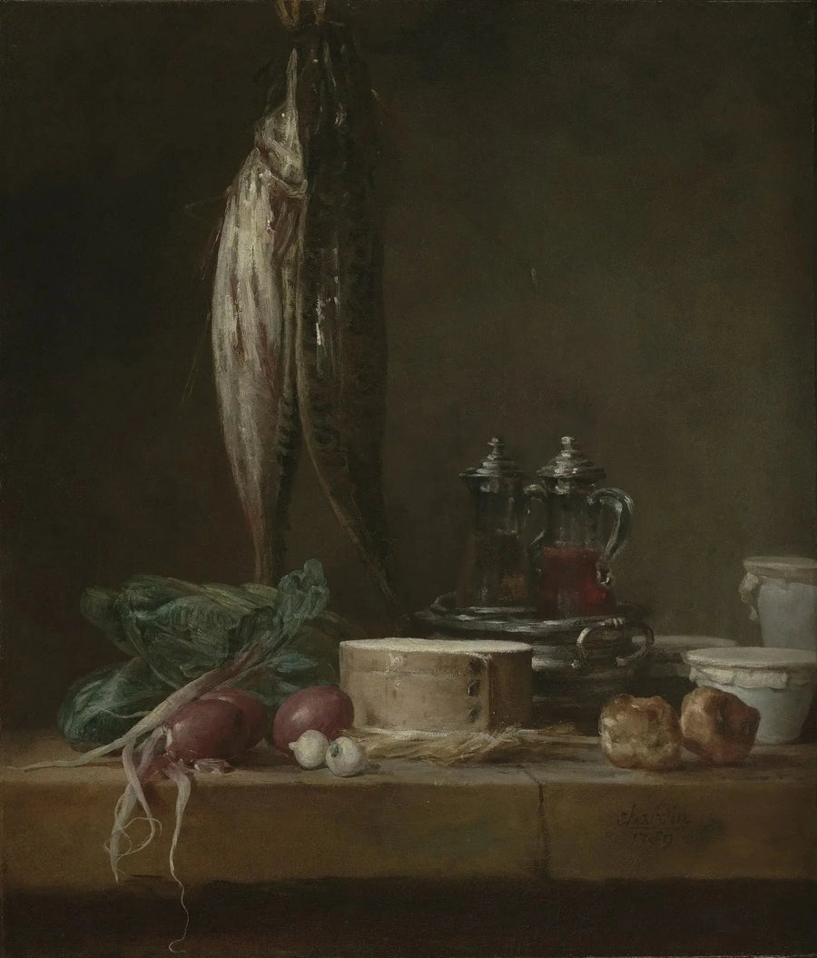 Stilleven met vissen, groenten, gougères, potten en flessen op een tafel - Jean Siméon Chardin