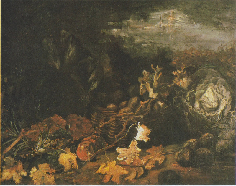 Stilleven met een mand aardappelen, omringd door herfstbladeren en groenten - Vincent van Gogh