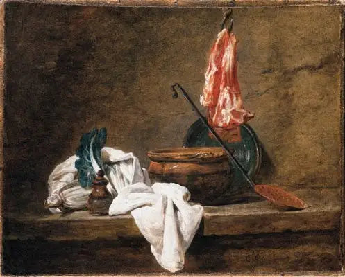Stilleven met een theedoek, een pan, een bord, een schuimspaan en vlees aan een haak - Jean Siméon Chardin