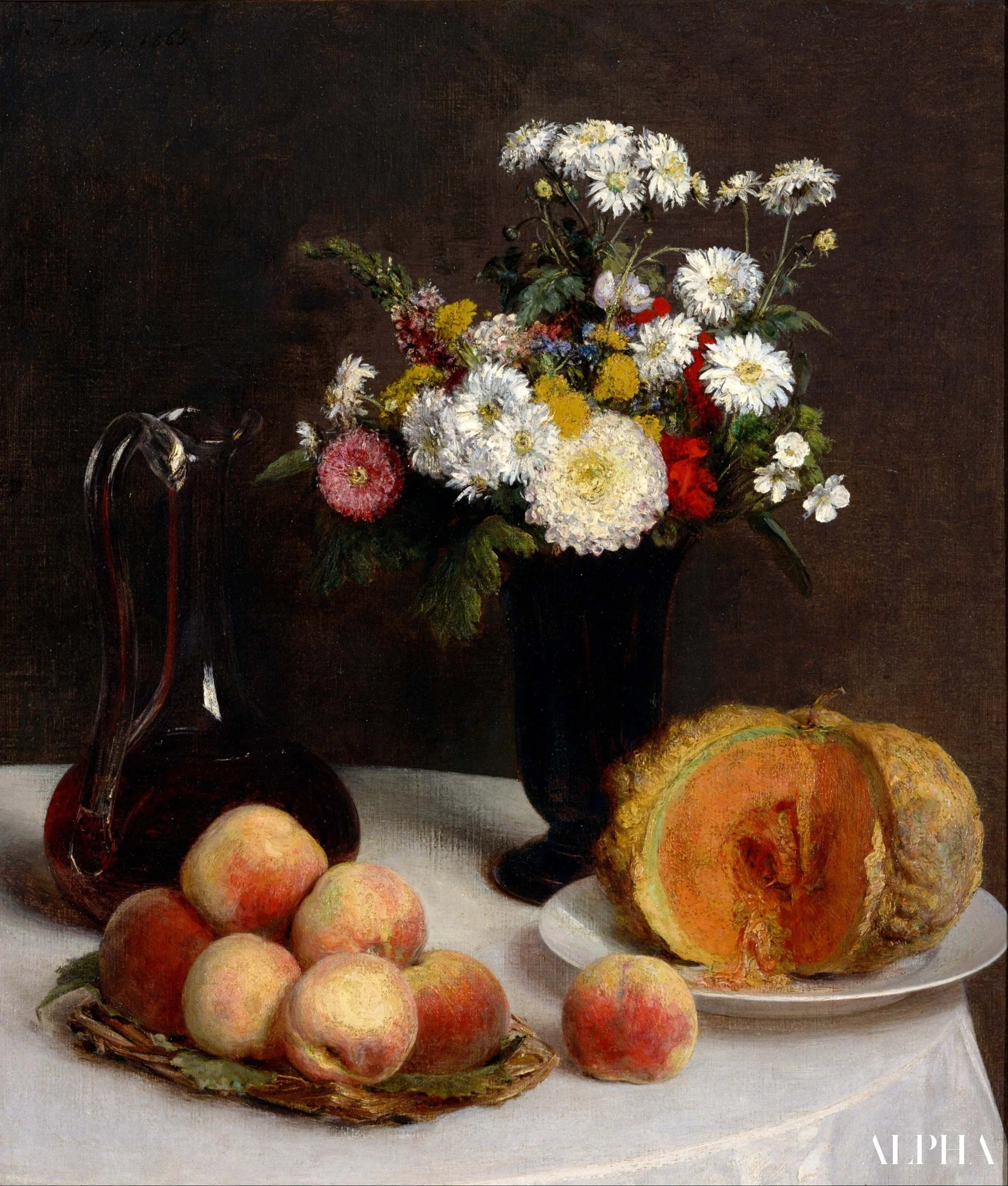 Stilleven met een karaf, bloemen en fruit - Henri Fantin-Latour - Reproducties van schilderijen en hoogwaardige schilderijen