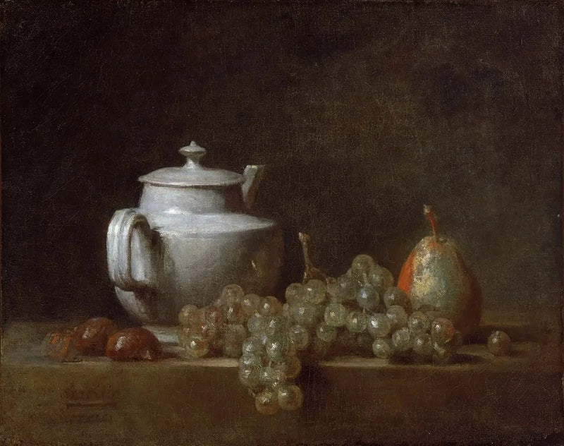 Stilleven met een theepot, druiven, kastanjes en een peer - Jean Simeón Chardin