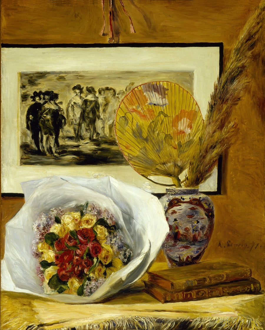 Stilleven met boeket en waaier - Pierre-Auguste Renoir