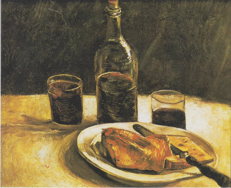 Stilleven met fles, twee glazen, kaas en brood - Vincent van Gogh