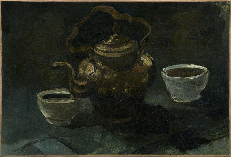 Stilleven, koperen koffiepot en twee witte kommen - Vincent van Gogh