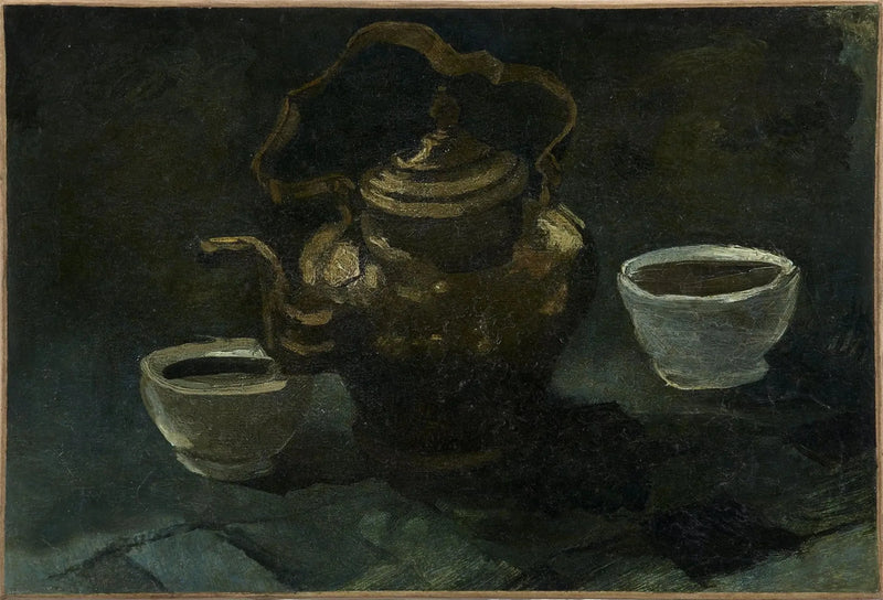 Stilleven, koperen koffiepot en twee witte kommen - Vincent van Gogh