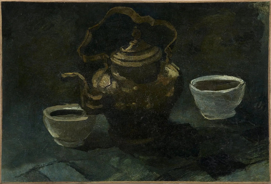 Stilleven, koperen koffiepot en twee witte kommen - Vincent van Gogh