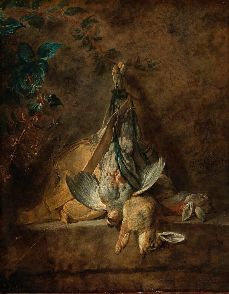 Stilleven: twee konijnen, een grijze patrijs, een jachtzak en een poederpeer - Jean Siméon Chardin