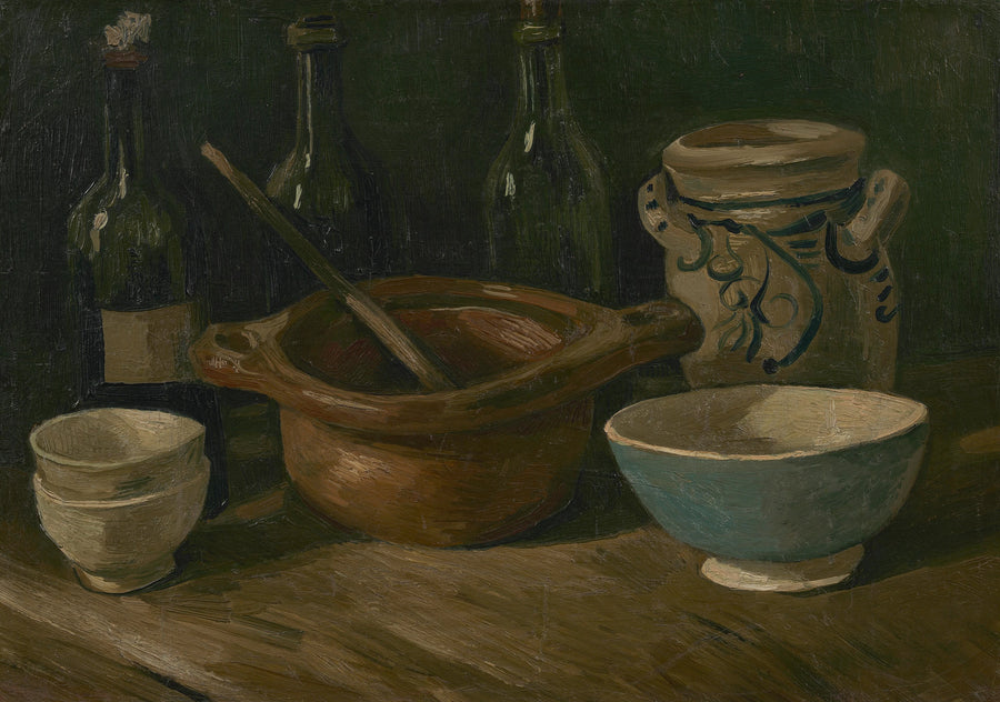 Stilleven met flessen en aardewerk - Vincent van Gogh