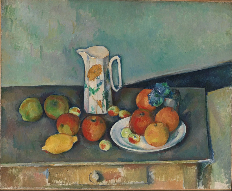 Stilleven, melkkan en fruit op een tafel - Paul Cézanne