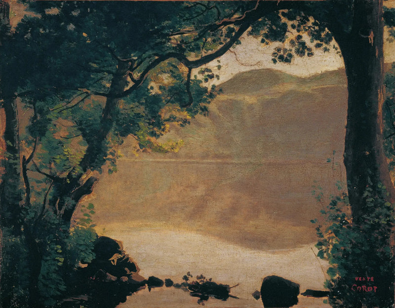 Nemi, het meer gezien door de bomen - Jean-Baptiste Camille Corot