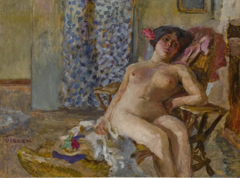 Nu zittend, Bloemen in het haar (Studiën van naakt) - Pierre Bonnard