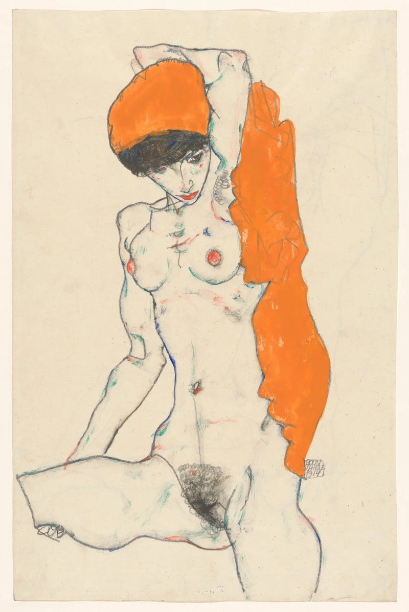 Nu staand met oranje draping - Egon Schiele
