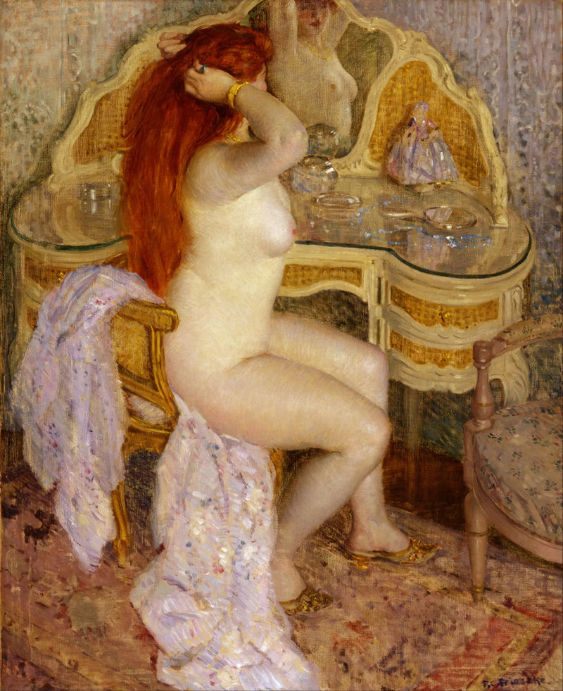 Naakt zittend aan haar kaptafel - Frederick Carl Frieseke