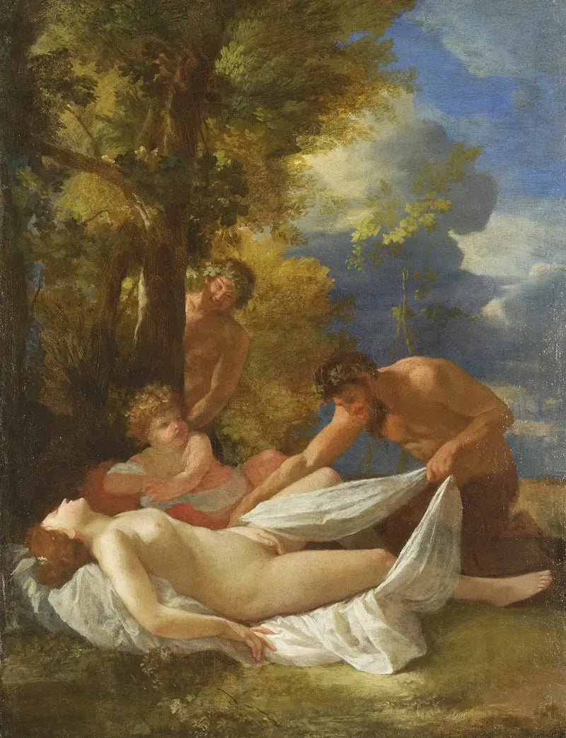 Slaapende nimf verrast door satyrs - Nicolas Poussin