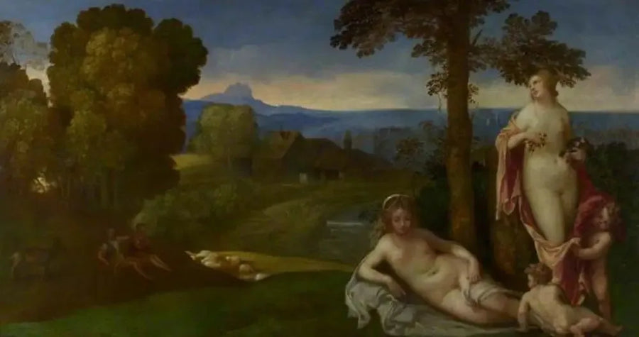  nimfen en kinderen in een landschap met herders - Giorgione