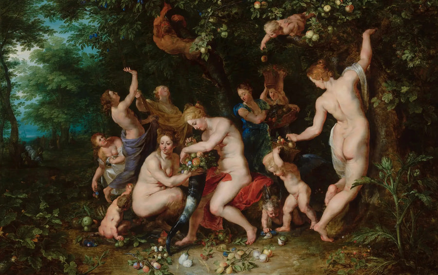 Nymfen die de hoorn des overvloed vullen - Peter Paul Rubens