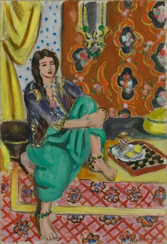 Zittende odalisque, linkerknie gebogen, ornamentale achtergrond en dambord - Henri Matisse