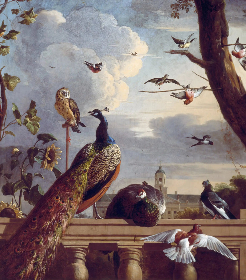 Vogels rond een balustrade, met het stadhuis van Amsterdam op de achtergrond, 1670 - Melchior de Hondecoeter
