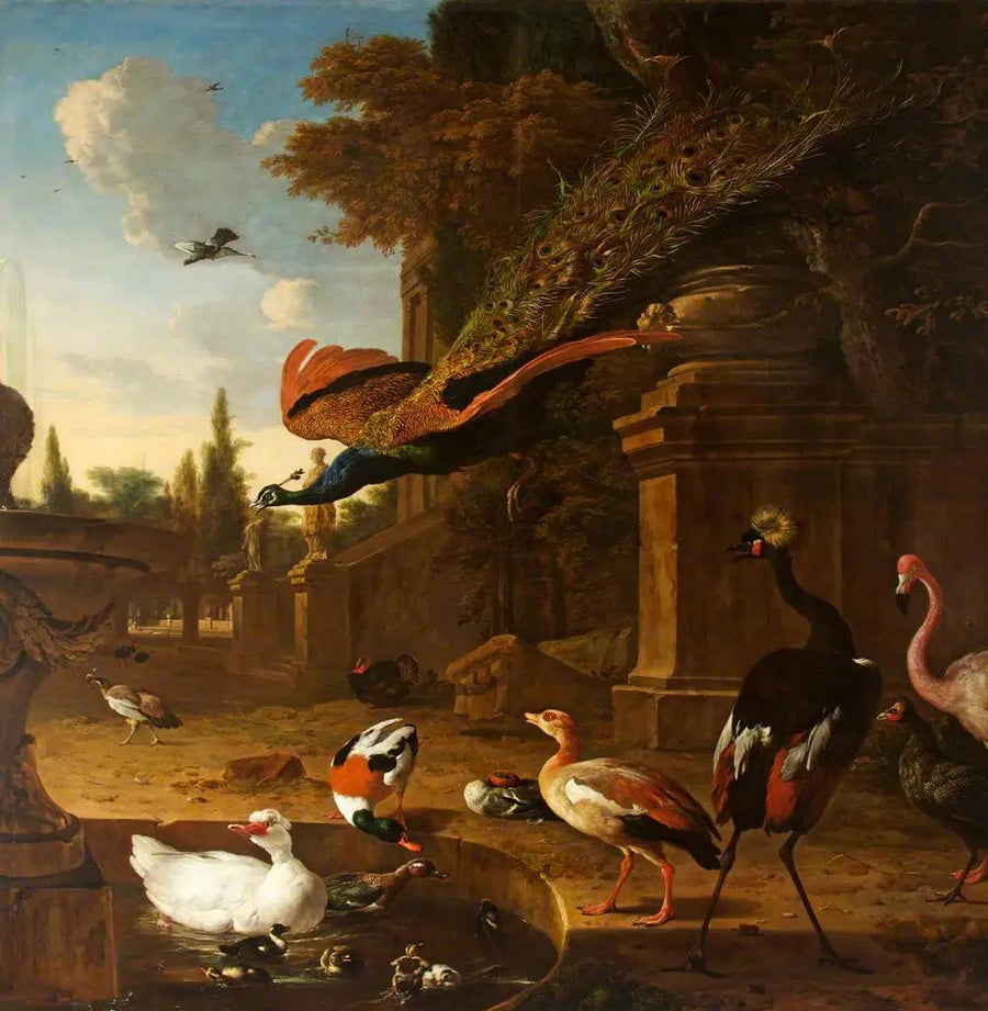 Siervogels in en naast een vijver in een park, met een vliegende pauw - Melchior de Hondecoeter
