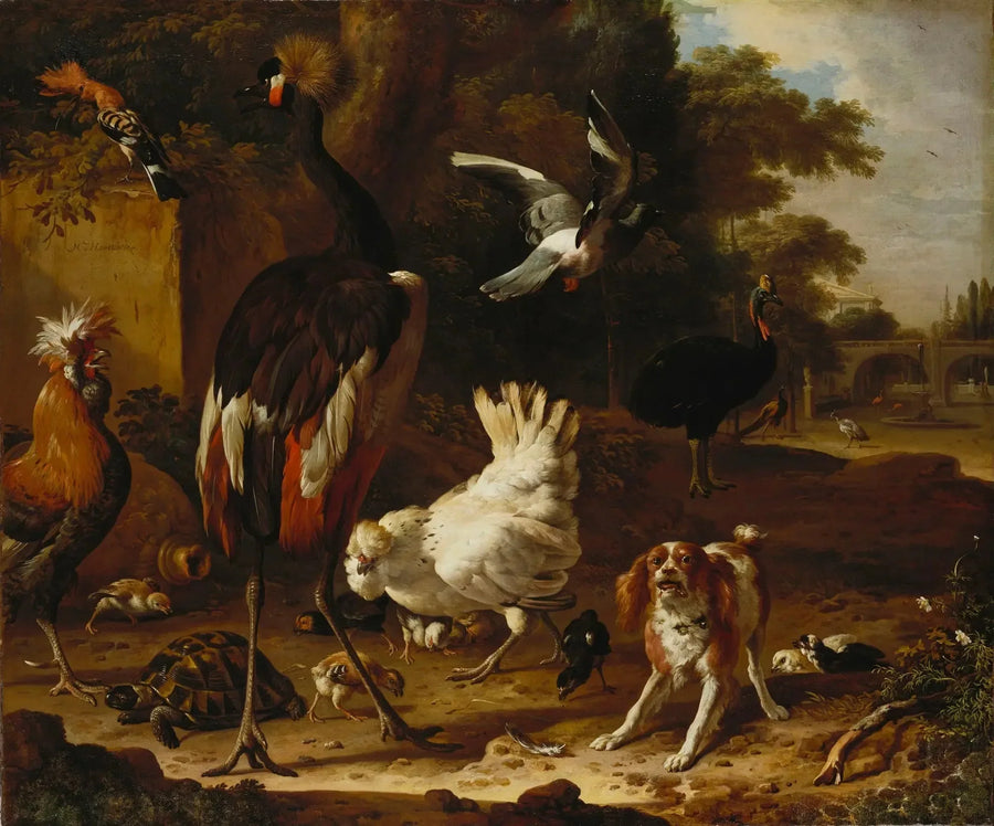 Vogels en een Engelse setter in een tuin - Melchior de Hondecoeter