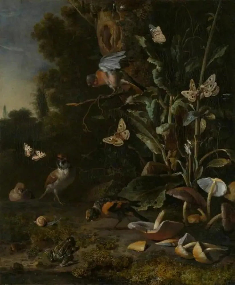 Vogels, vlinders en een kikker tussen de planten en de paddenstoelen - Melchior de Hondecoeter