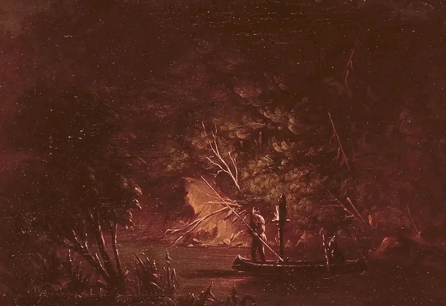 Ojibwé die de zalm met fakkels licht harpoeneert - George Catlin

Source:
Ojibwé harponnant le saumon à la lueur des torches - George Catlin