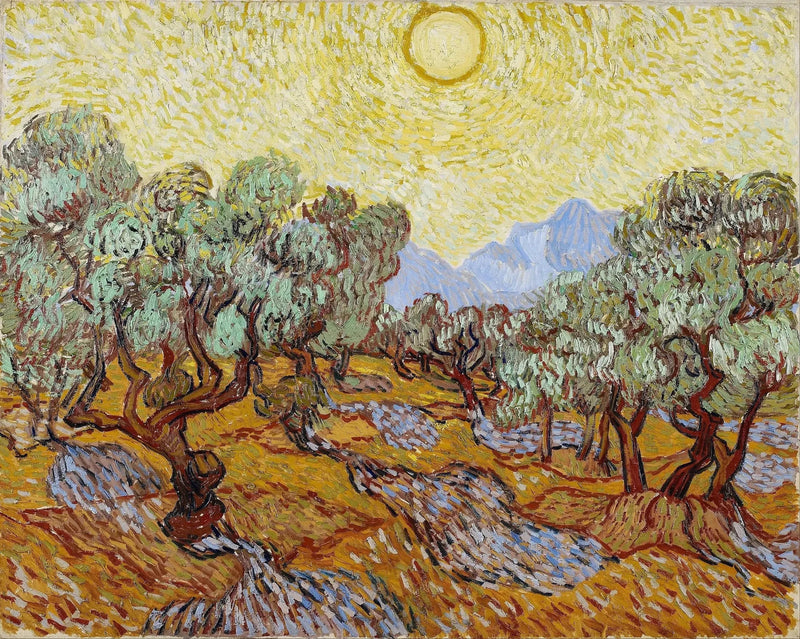Olijfbomen met gele lucht en zon - Vincent van Gogh
