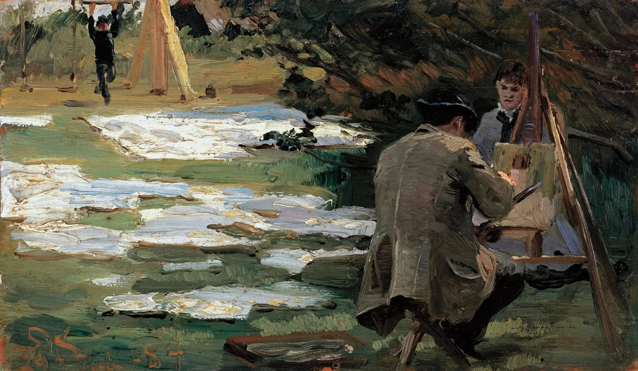 Oscar Björck schilderend in de tuin van Brøndum - Peder Severin Krøyer