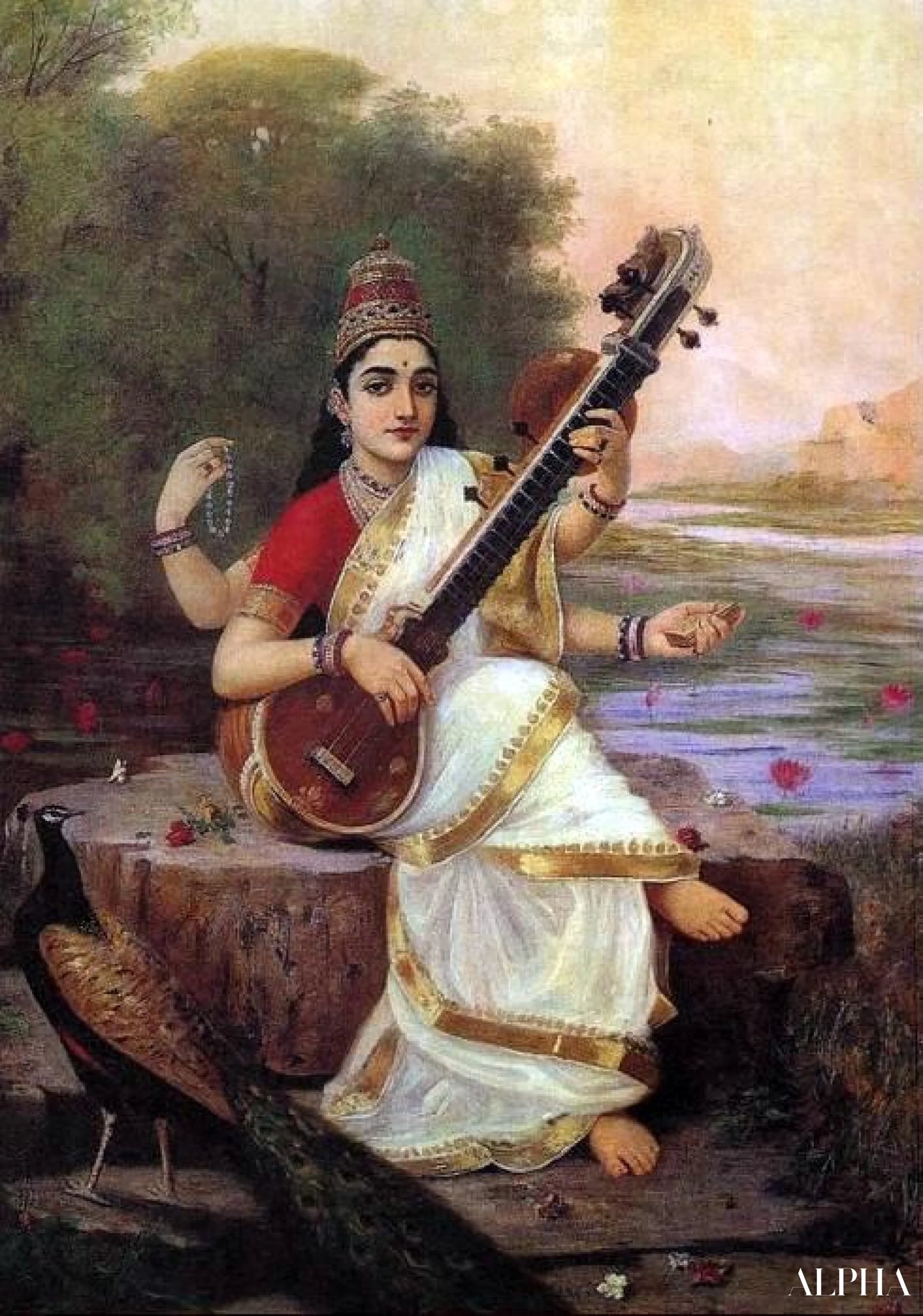Schilderij van de Godin Saraswati - Raja Ravi Varma - Reproducties van hoogwaardige schilderijen en kunstwerken