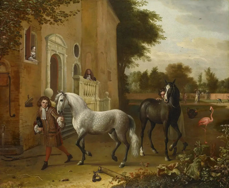 Paardenmenn met paarden, een grijze en een donkerbruine, op het kasteel van Nijenrode - Melchior de Hondecoeter