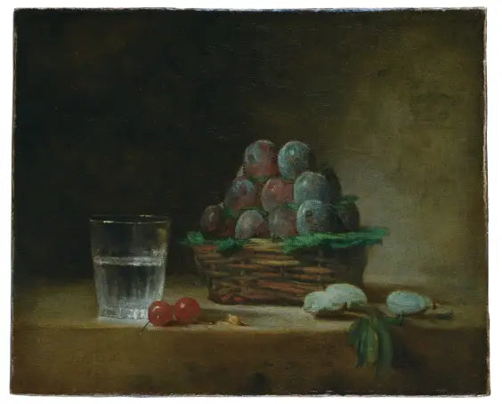 Pruimenpruimen, glas water, kersen - Jean Simeón Chardin