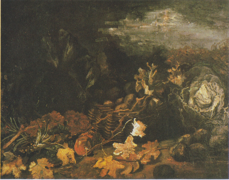 Stilleven met een mand aardappelen, omringd door herfstbladeren en groenten - Vincent van Gogh