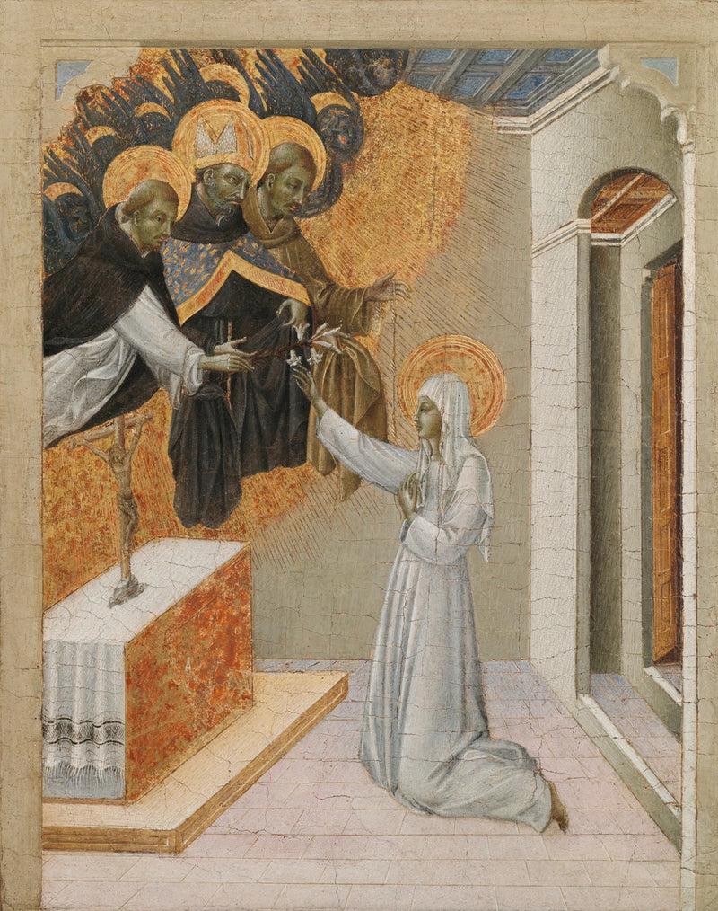 Predellapaneel van een retabel: Sint Catharina van Siena gekleed in het dominicaanse habijt - Giovanni di Paolo