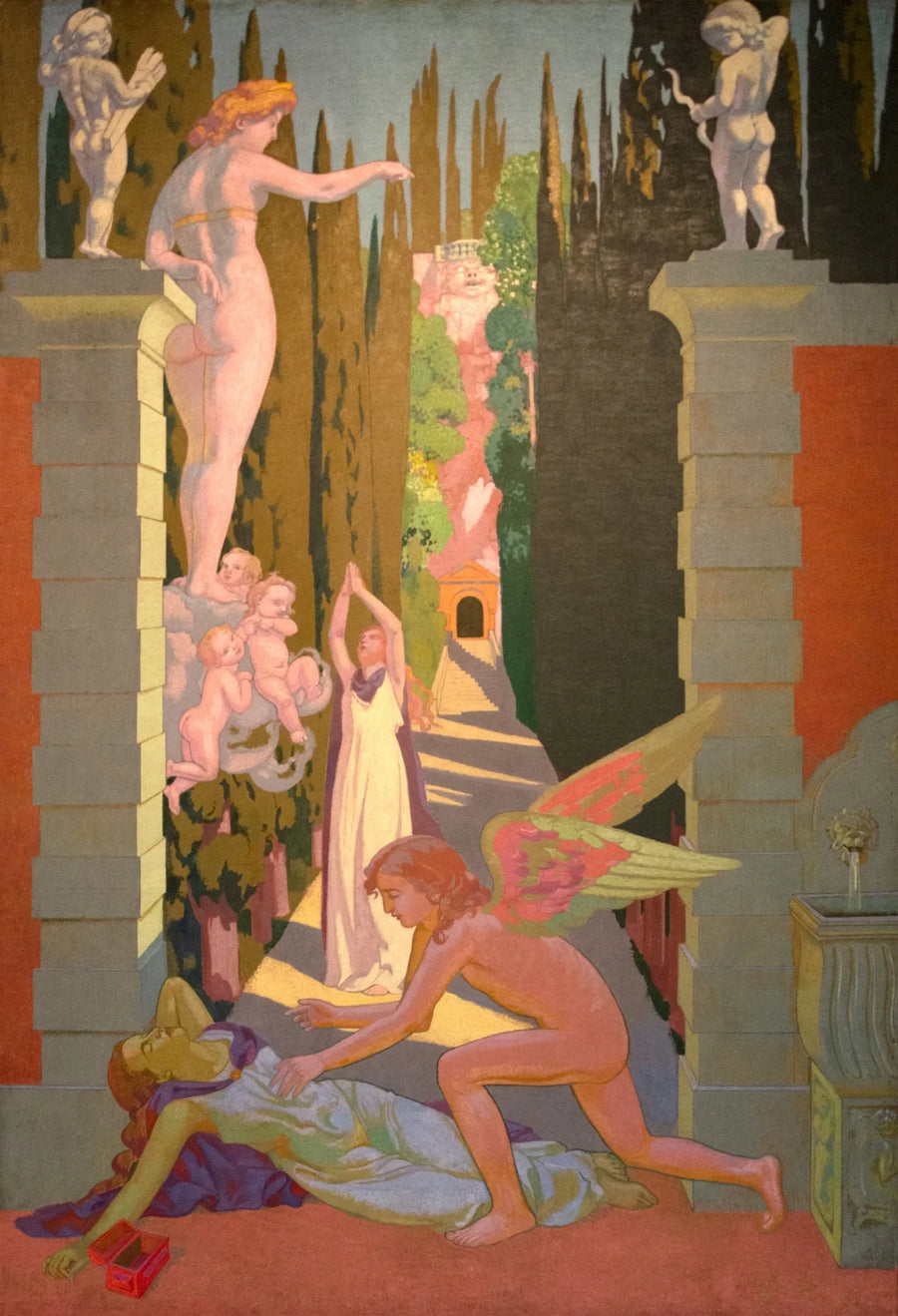 Paneel IV. Onderworpen door Venus aan de zwaarste beproevingen, geeft Psyche, tot haar ongeluk, voor de tweede keer toe aan haar nieuwsgierigheid: in deze uiterste situatie wordt ze gered door de Liefde - Maurice Denis