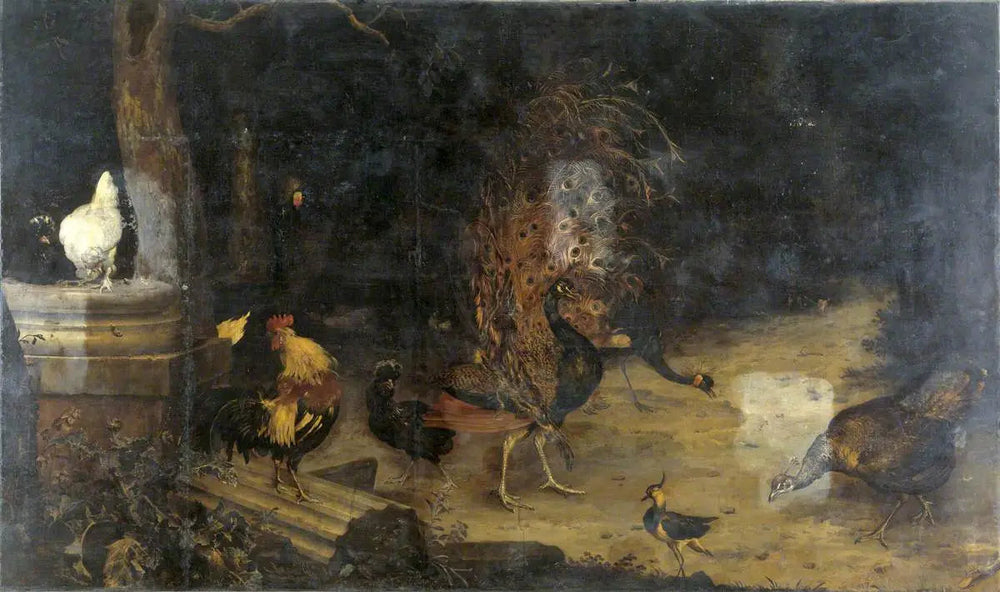 Paon et grues dans un bois - Melchior de Hondecoeter image 1 reproduction de peinture à l’huile
