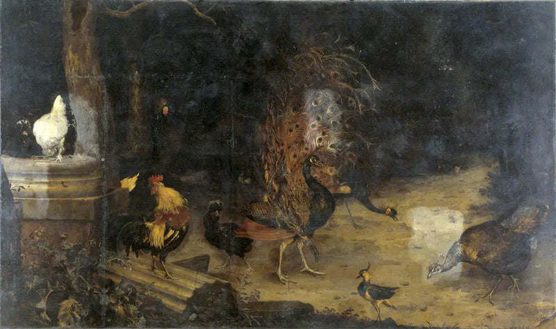Pauw en kraanvogels in een bos - Melchior de Hondecoeter