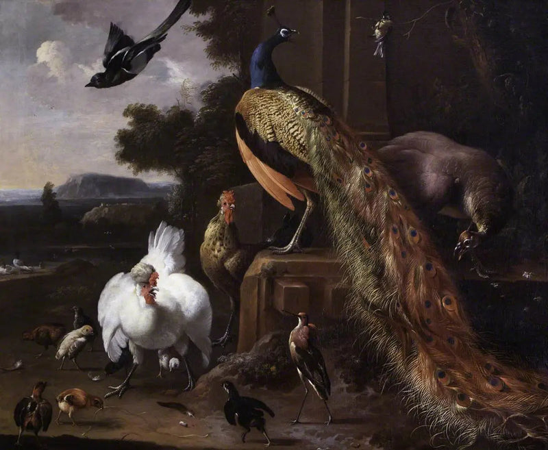 Pauw en pluimvee op de boerderij met een kraai in een landschap - Melchior de Hondecoeter