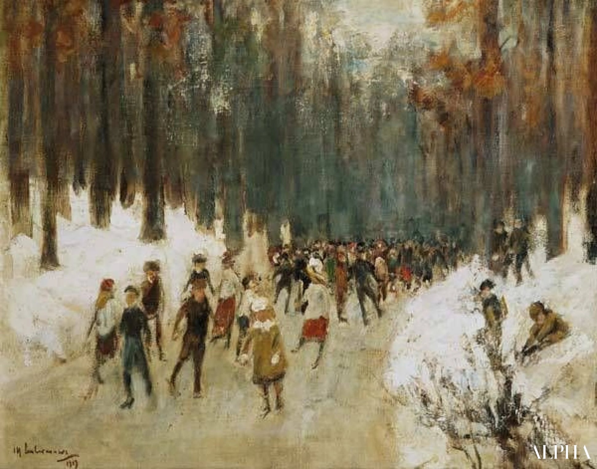 Schaatsers op het bevroren meer in de dierentuin van Berlijn - Max Liebermann - Reproducties van schilderijen en hoogwaardige schilderijen